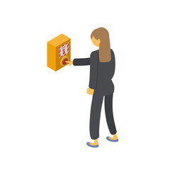 スーツの女性が駅のホームにある緊急停止ボタンを押すイラスト。アイソメトリック素材2