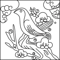 線画正方形花札　鶯　如月　梅　2月　梅に鶯