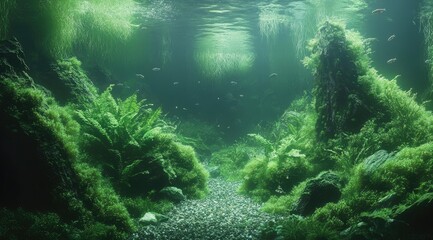 Obraz premium A beautiful aquascape featuring lush green plants, mossy rocks, and small fish swimming around the scene