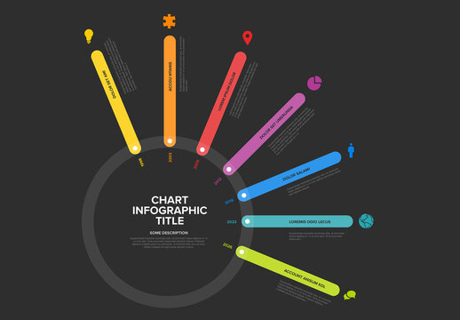 Thick line rainbow Infogrpahic timeline template with icons on the big circle and dark background