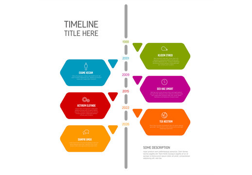 Vertical timeline design layout template with descriptions in big hexagon shapes with icons and history milestone years
