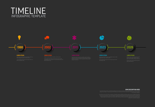 Multipurpose timeline infographic template with five milestones on straight path and dark background