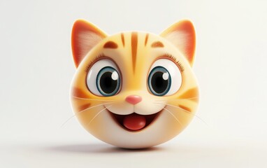 A 3D cartoon emoji of a smiling cat face with wide eyes and a playful expression, showing friendliness on a white background