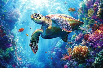 Fototapeta premium A green sea turtle swims through vibrant coral reef, sunlight streams through water.