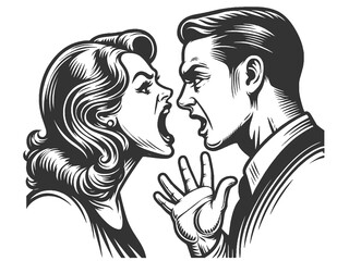 woman angrily yelling at man, depicting heated argument or relationship conflict sketch engraving generative ai fictional character raster illustration. Scratch board imitation. Black and white image