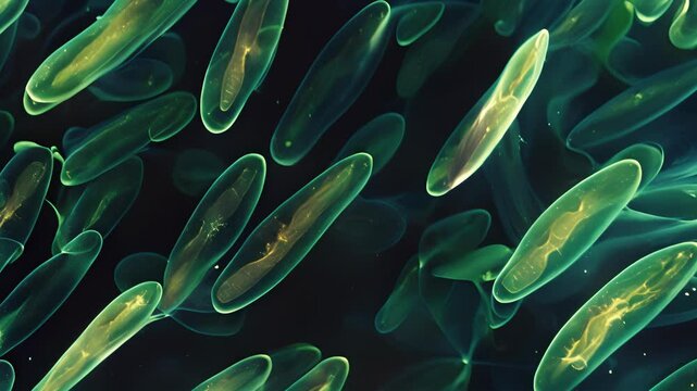 Multiple rows of synchronized flagella seen through a microscope aiding in the rapid movement of a microorganism.