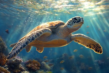 Fototapeta premium A green sea turtle swims gracefully through the crystal clear water over a vibrant coral reef. Sunlight streams down from the surface creating a magical underwater scene.