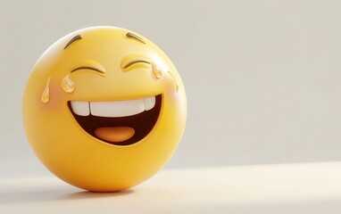 Fototapeta premium A 3D cartoon emoji with a joyful expression, laughing with closed eyes and large tears of joy, showing happiness on a white background
