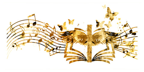 Golden christian cross with music notes isolated vector illustration. Religion themed background. Design for gospel church music, choir singing, concert, festival, Christianity, prayer	