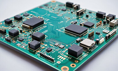 A close-up shot of a green circuit board with various components and integrated circuits