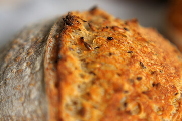 Crust with sesame seeds of home baked sourdough bread