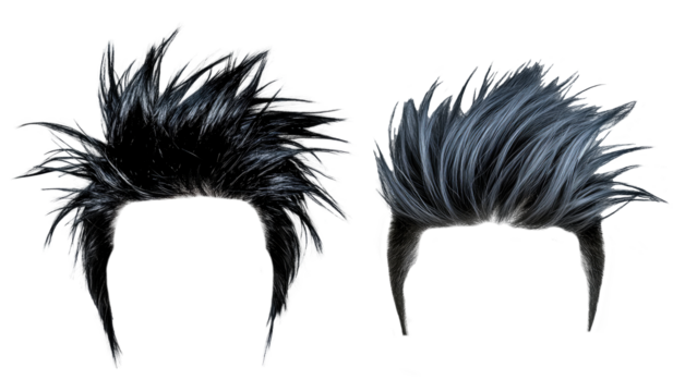 punk Mohawk hair style wigs in black and grey colors. men wigs. transparent background