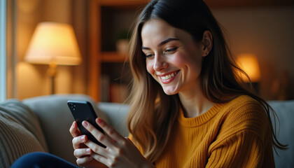 Smiling Woman Using Mobile Phone at Home
