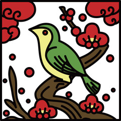 カラー正方形シンプル花札　鶯　如月　梅　2月　梅に鶯