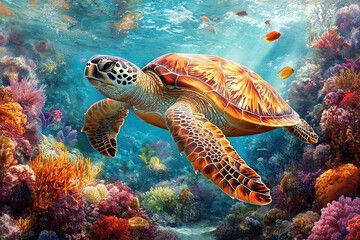 Fototapeta premium A sea turtle swims through a vibrant coral reef, sunlight streaming through the water.