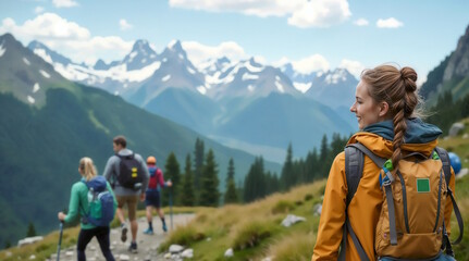 Naklejka premium Group of Hikers with a Joyful Mood Enjoying Nature Against a Mountainous Background