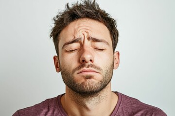 Obraz premium Man with eyes closed in a maroon shirt.