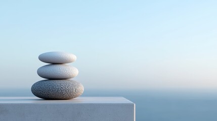 A serene stack of three smooth stones balanced atop a flat surface, set against a tranquil sky and distant ocean backdrop.