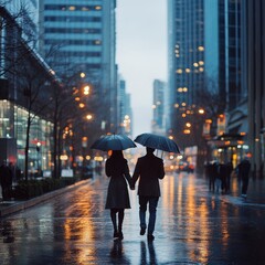 Couple Walking in the Rain with Umbrellas in the City