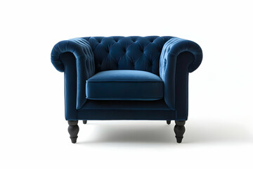 Classic velvet armchair in bold blue, showcasing elegance against white.