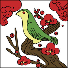 カラー正方形花札　鶯　如月　梅　2月　梅に鶯