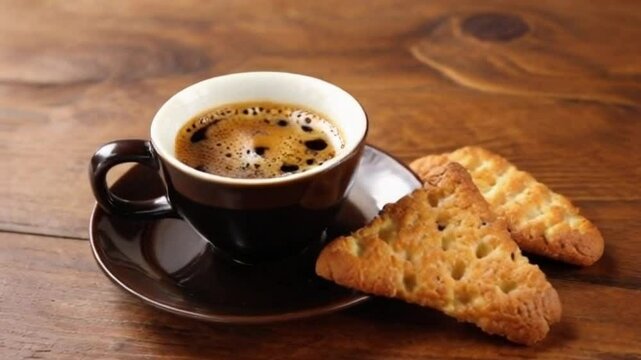 close-up of espresso shot served with crunchy biscotti on rustic wooden table,rich espresso shot paired with golden biscotti on rustic caf&eacute; table,dark espresso contrasting with crispy biscotti on cozy