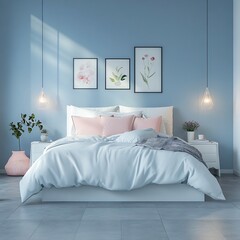 Modern Bedroom Interior with Blue Walls  White Bed and Floral Artwork