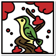 ステッカー正方形ミニ花札　鶯　如月　梅　2月　梅に鶯