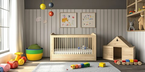 modern grey and white nursery room with wooden box wall and colorful toys for development baby skill 