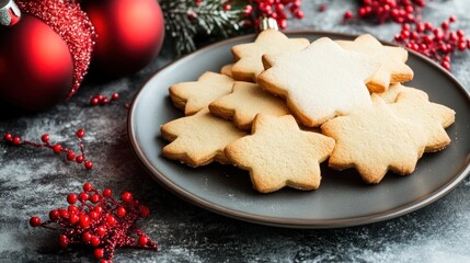 Fototapeta premium A plate of star-shaped cookies surrounded by festive decorations.