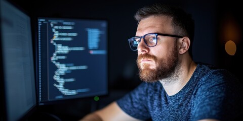 Focused programmer working on complex coding tasks in a dark environment.