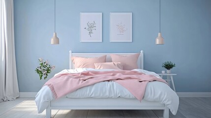 Minimalist Bedroom Interior Design with Pink Bedding and Blue Walls
