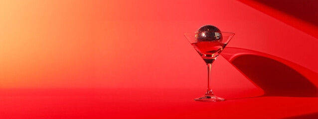 Cocktail party with disco ball on sunset coral color background. Disco party, retro fashion. Modern stylish banner template for holiday card, banner, flyer, menu with space for text