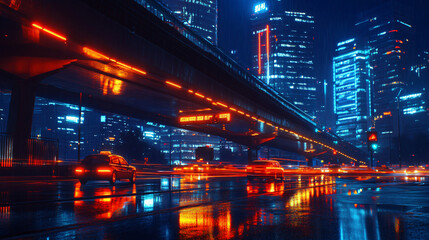 Obraz premium A vibrant cityscape at night showcasing illuminated skyscrapers and busy streets, with neon lights reflecting on wet pavement, capturing the energy of urban life in a modern setting.