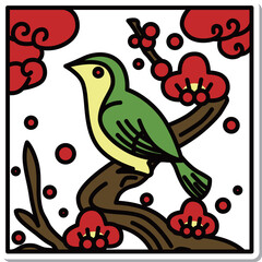 ステッカー正方形シンプル花札　鶯　如月　梅　2月　梅に鶯