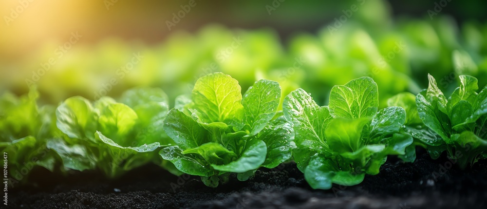 Poster Futuristic hydroponic vertical farm with rows of green lettuce, hightech farming systems for maximum yield and freshness