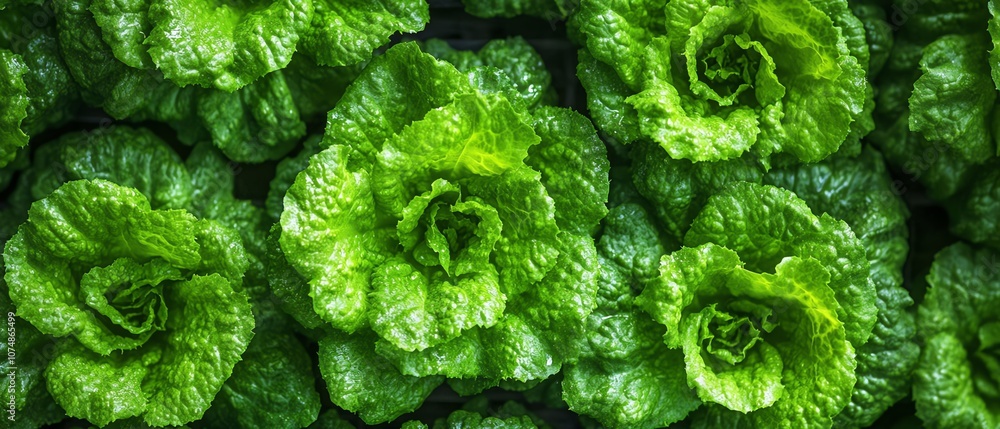 Poster Futuristic hydroponic vertical farm with rows of green lettuce, hightech farming systems for maximum yield and freshness