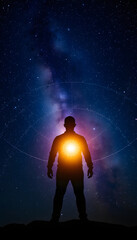 Fototapeta premium Silhouette of man stand and see in the night sky with stars. Galaxy and space. Light from the chest. Astrology sign. Esoterica and psychology isolated with white highlights, png
