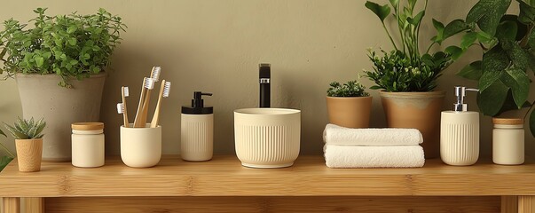 Elegant bathroom setup with bamboo toothbrushes, menstrual cup, and other sustainable items on wooden shelves, green plants in the background, promoting ecoconscious living
