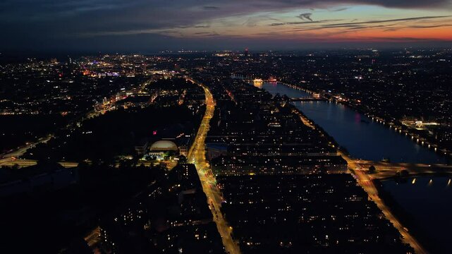 Aerial drone view of Knippel bascule bridge in Copenhagen, Denmark at night