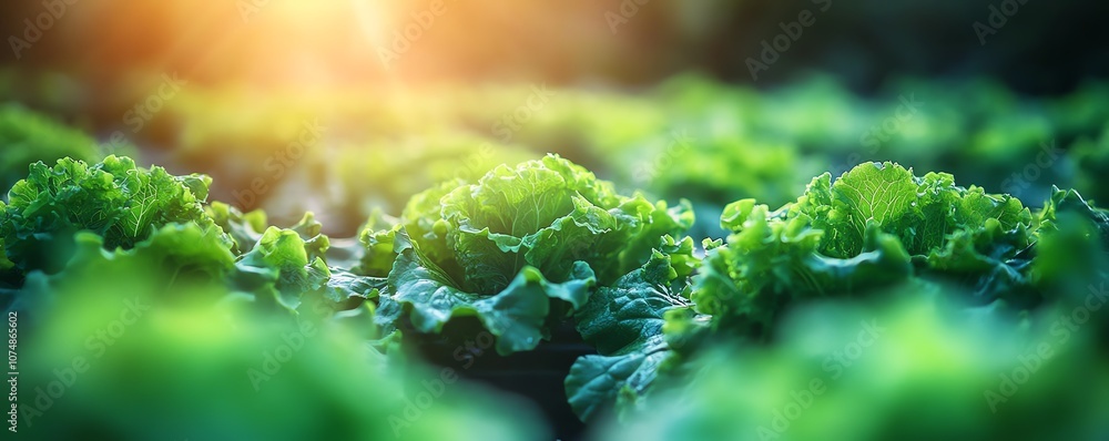 Poster hydroponic vertical farm with rows of lush green lettuce, futuristic farming technology and healthy 