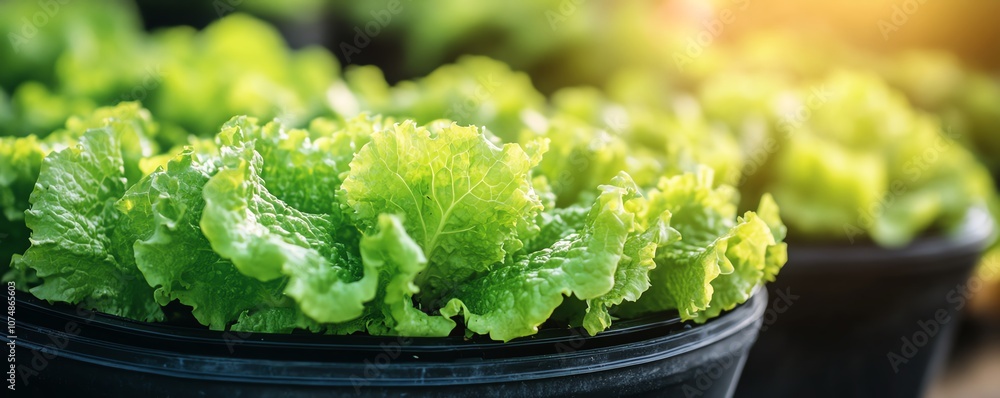 Poster hydroponic vertical farm with rows of lush green lettuce, futuristic farming technology and healthy 