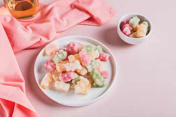 Freeze dried chewy candies on a plate on a table