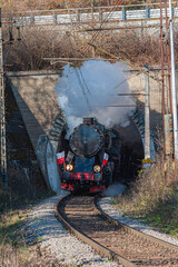 Wyjazd starej lomotywy z tunelu kolejowego, Żegiestów, Dolina Popradu © Maciej G. Szling