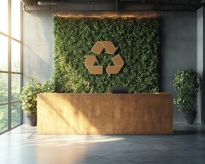 Modern office reception desk, green wall with recycling symbol, warm sunlight creating a welcoming ambiance
