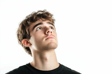 Fototapeta premium Young man looking up with white background.