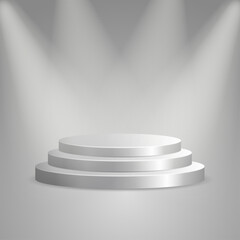 Silver podium with lights on dark grey background. Silver pedestal.	