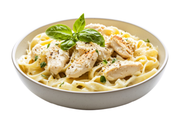 Alfredo pasta with chicken on a transparent background. isolated background.