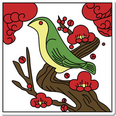 ステッカー正方形花札　鶯　如月　梅　2月　梅に鶯