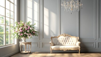 Elegant Living Room Interior Design with Sofa and Floral Arrangement